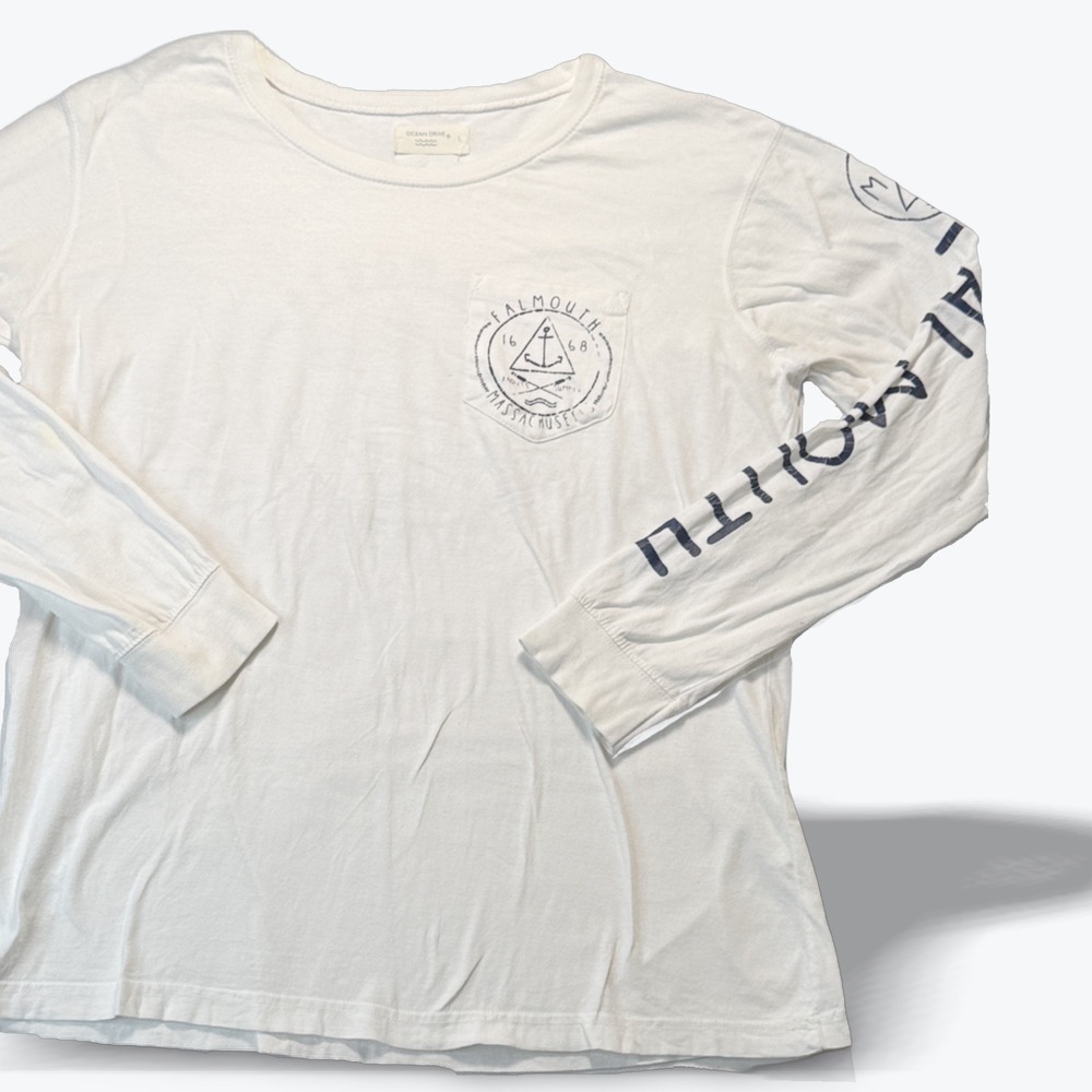 Ocean Drive Long Sleeve Pocket Tee Falmouth Massachusetts White Graphic Size L